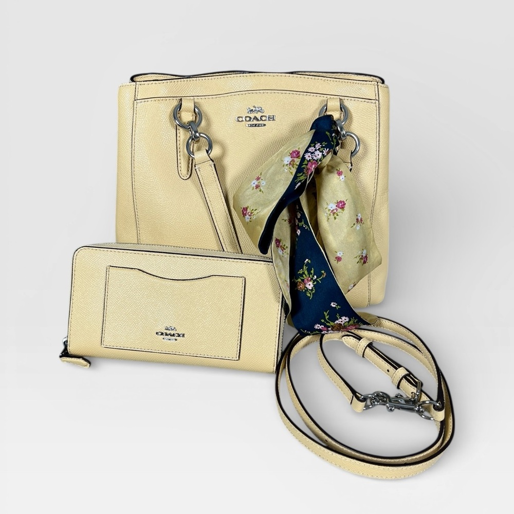 Coach Pale Yellow Leather Tote with Matching Wallet and Floral Scarf
